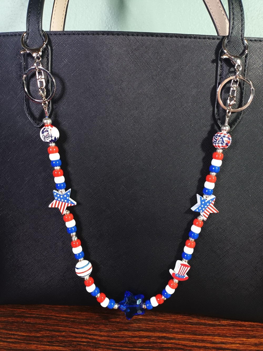 Handmade Patriotic 4th of July Red White Blue Silver Wood Beaded Bag Charm